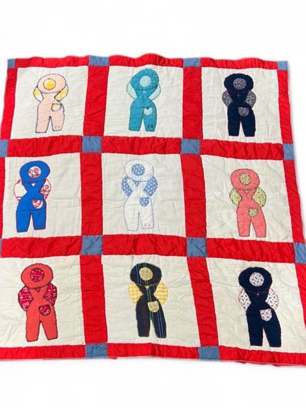Vintage Handstitched Overall Sam Applique Baby Quilt - Red, Blue, Navy, Pink